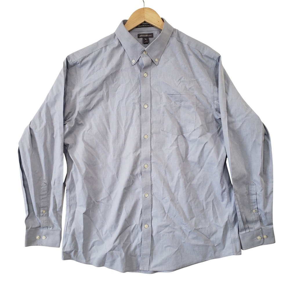 Eddie Bauer Button Down Shirt Mens L Blue Wrinkle Free Relaxed Fit Oxford Cotton